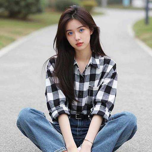 Young woman with blue eyes in checkered shirt sitting outdoors