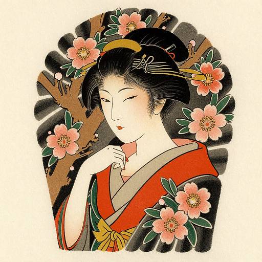 Traditional Japanese woodblock-style illustration of a serene geisha with black hair, red kimono, and cherry blossoms, gently touching her lips.