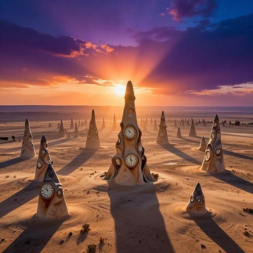 Photograph of surreal desert landscape at sunset, featuring numerous conical, clock-faced stone structures casting long shadows across sand dunes.
