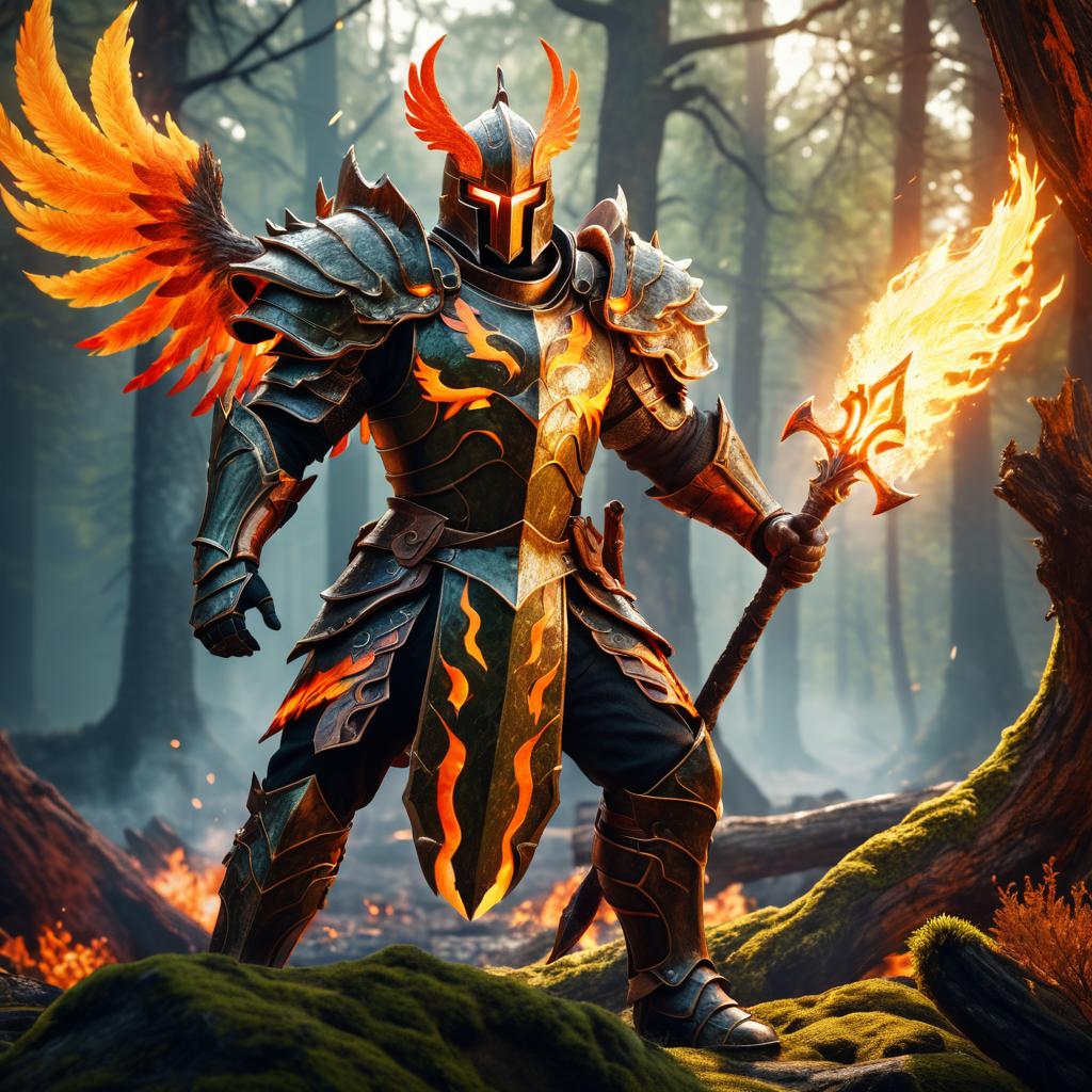 Fiery Phoenix Knight in Ancient Forest