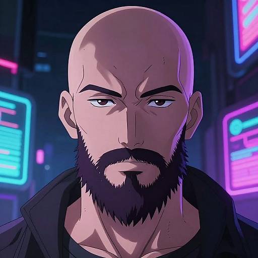 Digital anime-style portrait of a bald, muscular man with a black beard and intense expression, set against a neon-lit city night background.