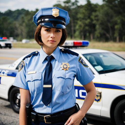 American Female Police Officer Standing by Patrol Car