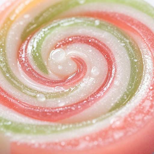 Close-up photograph of a swirling, glossy, colorful candy with concentric pink, green, and white rings, creating a hypnotic spiral pattern.