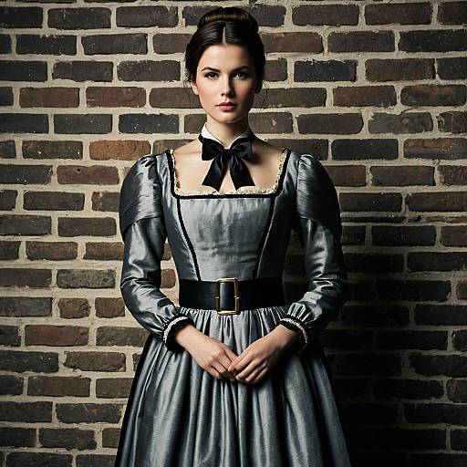 Young Woman in Victorian Gray Satin Dress
