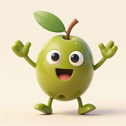 CGI cartoon green apple character with large white eyes, open mouth smile, raised arms, green leaf, and brown stem on white background.