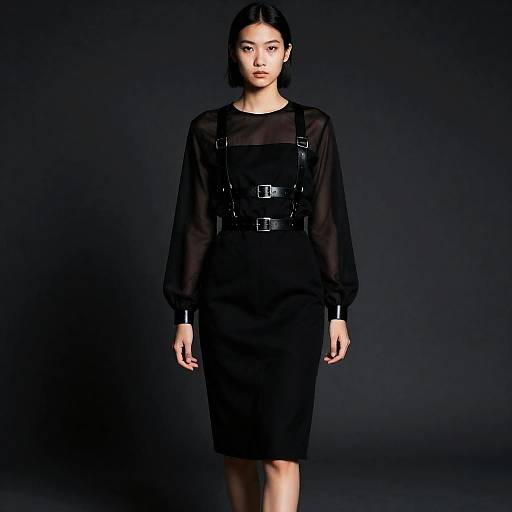 Androgynous Model in Black Skirt Outfit with Leather Harness