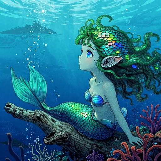 Digital art of a mermaid with green, wavy hair and blue scales, sitting on a driftwood, surrounded by coral and fish underwater.