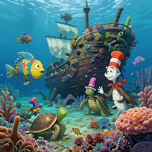 Vibrant underwater scene with a pirate ship, colorful fish, tortoises, and a white cat in a red hat and bowtie.