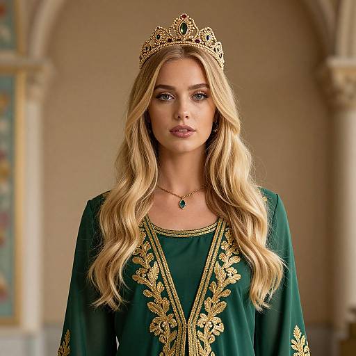 Regal Blonde Woman in Embroidered Dress