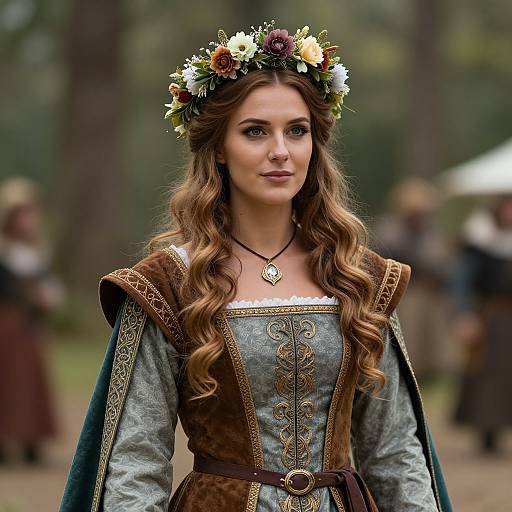Photograph of a fair-skinned woman with long brown curls, wearing a medieval-style gray dress with brown trim, flower crown, and heart-shaped necklace