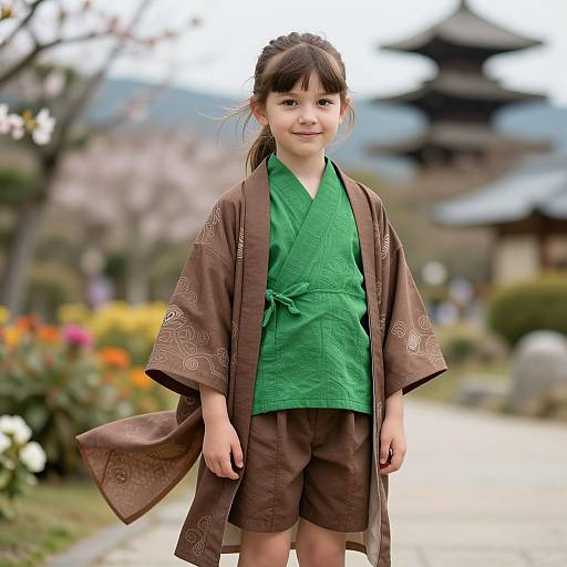 Young Girl in Traditional Kimono with Pagoda Background