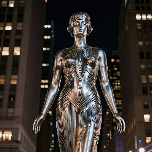 Photograph of a shiny, metallic, futuristic female statue with intricate vertical lines, standing in a cityscape at night with lit buildings.