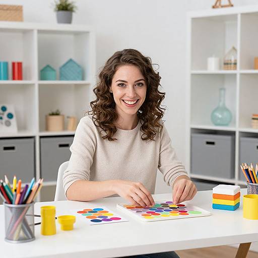 Photograph of a smiling woman with curly brown hair, wearing a white sweater, painting a colorful abstract design at a bright, organized desk with art supplies