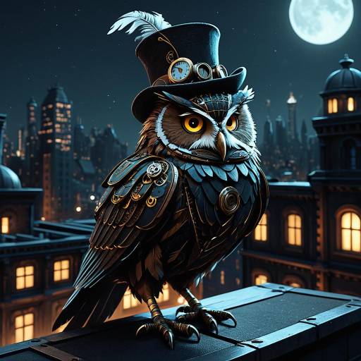Steampunk Owl Detective on Rooftop at Night
