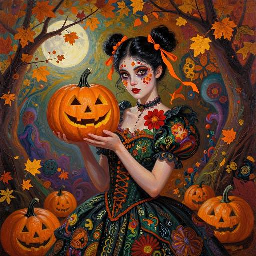 Digital painting of a pale, dark-haired woman with red face paint, orange ribbons, and floral dress, holding a glowing jack-o'-lantern