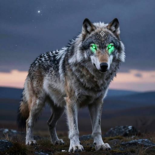 Photorealistic digital artwork of a glowing green-eyed wolf with intricate white markings on its forehead, standing in a dark, rocky landscape at twilight.