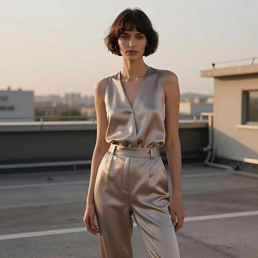 Woman in Silk Jumpsuit with Bowl Cut on Rooftop