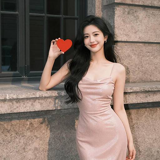 Smiling Woman in Pink Dress with Heart