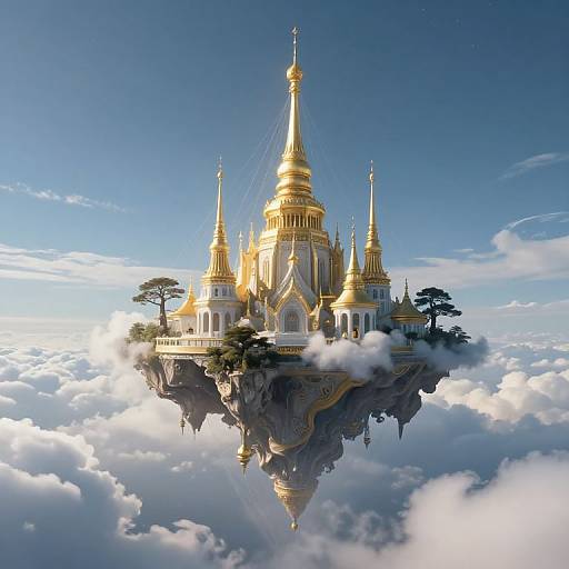 Digital artwork of a golden, multi-tiered Buddhist temple floating on a rocky cliff surrounded by clouds, with a perfect reflection below.