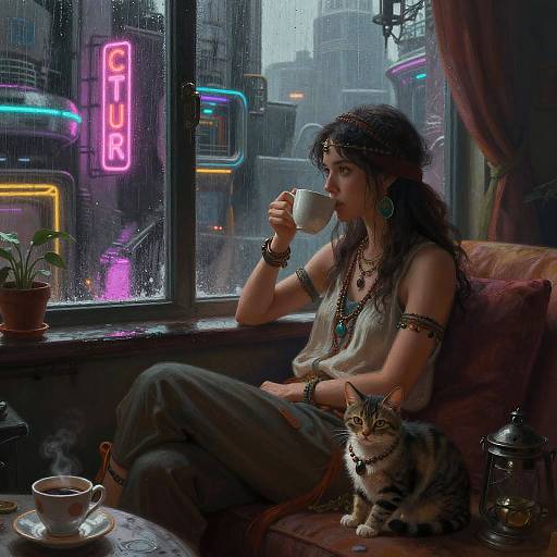 Cozy Cyberpunk Woman with Cat