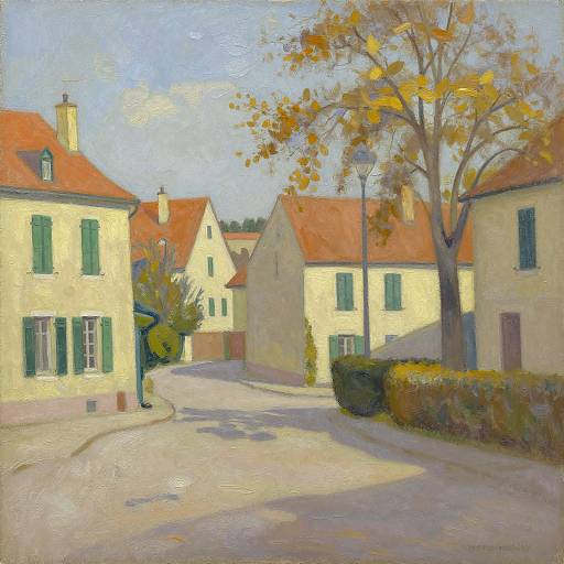 Impressionist painting of a sunlit, empty street with yellow buildings, red roofs, green shutters, and a tree with autumn leaves.