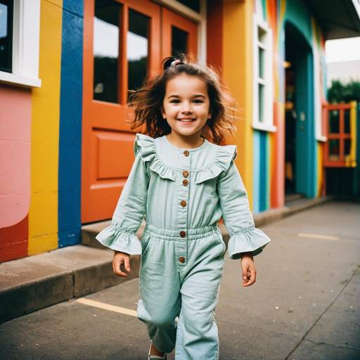 Smiling toddler girl in cotton jumpsuit outdoors