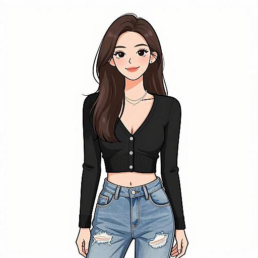 Digital anime-style drawing of a smiling woman with long brown hair, wearing a black long-sleeve crop top and ripped blue jeans, standing against a