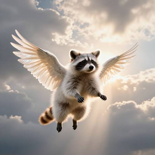 Photorealistic digital image of a raccoon with angel wings soaring through a dramatic, sunlit cloudy sky, wings spread wide.