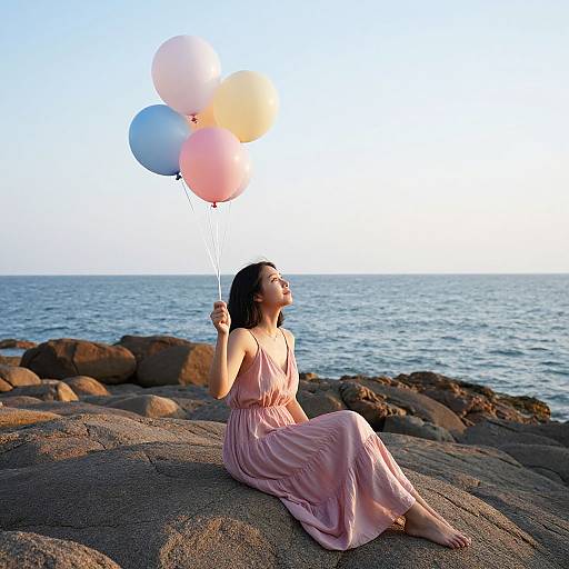 Photograph of a young woman with fair skin and dark hair, wearing a pink dress, sitting on rocky beach, holding colorful balloons, overlooking the calm