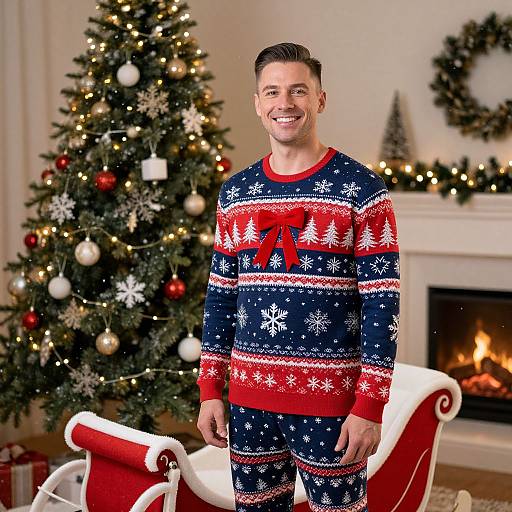Photograph of a smiling man in Christmas-themed navy, red, and white sweater and pants, standing in a festive living room with decorated tree and lit