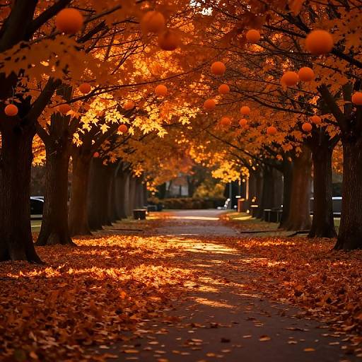Photograph of a tree-lined path in autumn, with vibrant orange leaves, scattered orange orbs, and fallen leaves on the ground.