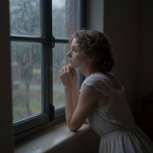 Photograph of a curly-haired woman in a white lace dress, gazing out a rain-streaked window, hands clasped, in soft,