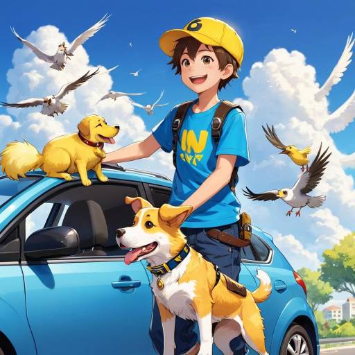 Boy with Dogs and Birds by Blue Car
