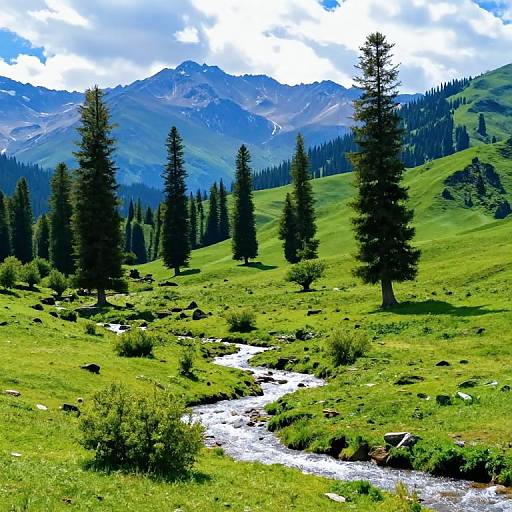 Photograph of a vibrant green mountain meadow with a flowing stream, tall pine trees, and distant blue-gray mountains under a partly cloudy sky.