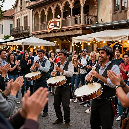 Photograph of street performers, three male musicians in vests and hats playing drums, smiling, clapping crowd in front, colorful buildings with balconies and