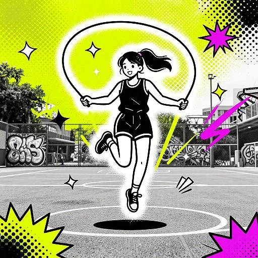 Digital illustration of a smiling girl in a black outfit jumping with a hula hoop, set against a yellow, comic-style background with graffiti and starburst