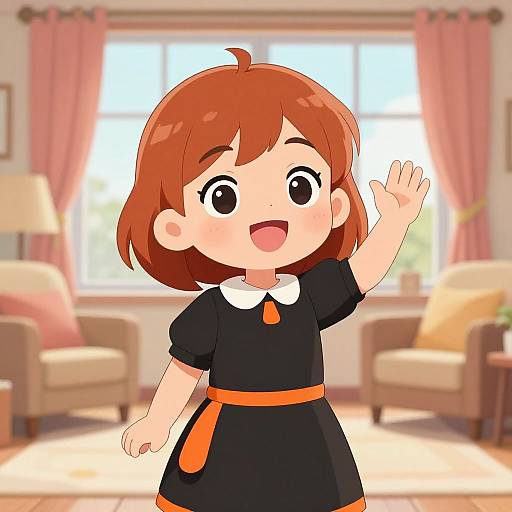 Digital anime-style drawing of a cheerful red-haired girl in a black dress with a white collar and orange tie, waving in a bright, sunlit living
