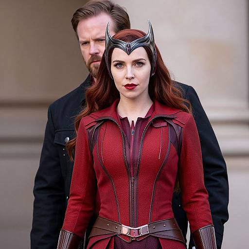 Photograph of a red-haired woman in a red, form-fitting superhero costume with a black headpiece, standing in front of a bearded man
