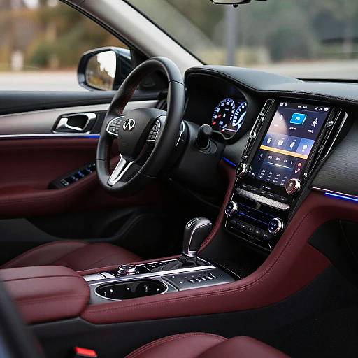 Photograph of a modern Lexus car interior with red leather seats, black dashboard, touchscreen infotainment system, and sleek steering wheel.