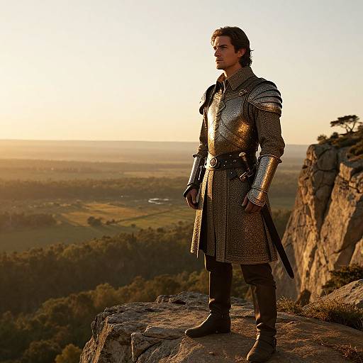 Photograph of a male knight in shining silver armor standing on a rocky cliff at sunset, gazing over a vast, forested valley.