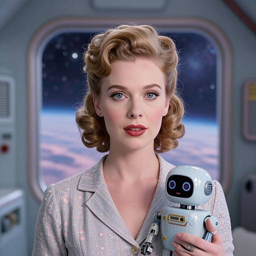 Digital illustration of 1950s-style woman with blonde curls, red lipstick, wearing light gray polka-dot blouse, holding futuristic robot, in spaceship