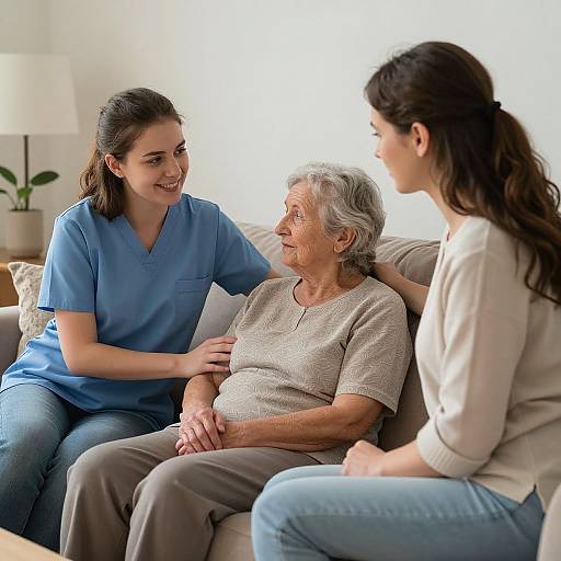 Photograph of three women: a smiling nurse in blue scrubs and two younger women in casual clothes, comforting an elderly woman with gray hair on a