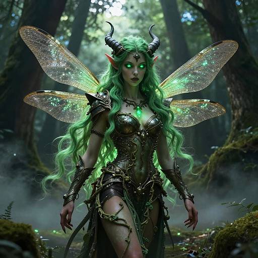 Digital art of a green-haired, horned fairy with glowing green eyes, wearing intricate black armor and transparent, sparkling wings in a mystical forest.