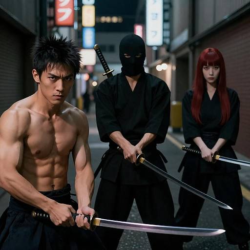 Dynamic Trio of Nighttime Martial Artists