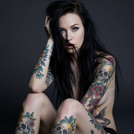 Tattooed woman with long black hair, blue eyes, topless, seated against dark background, showing skull, flower, and bird tattoos,