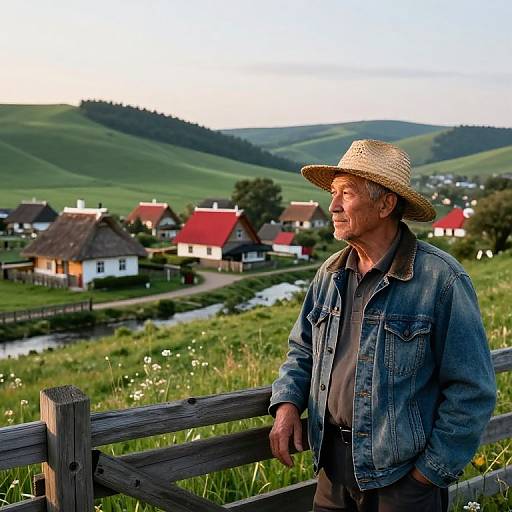 Photograph of an elderly white man with a straw hat, denim jacket, and brown shirt, standing by a wooden fence, looking at a picturesque rural