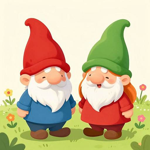 Cartoon illustration of two friendly garden gnomes, one in red hat and blue shirt, the other in green hat and red shirt, standing on