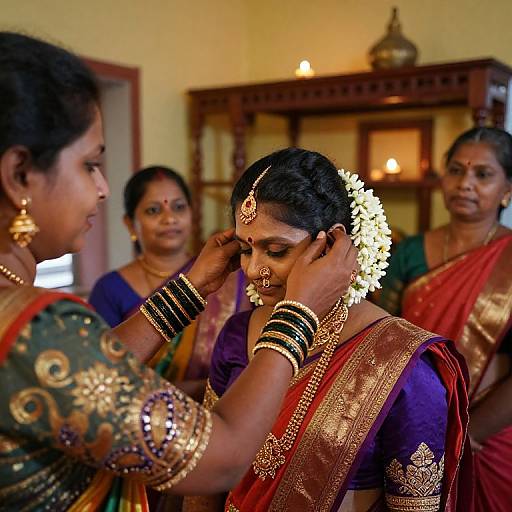 Photograph of an Indian bride being adorned with a floral crown and jewelry by an elder woman, surrounded by three other women in traditional attire, in a