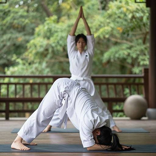 Photograph of two Asian martial artists in white gi uniforms performing yoga poses on a wooden deck with a forest background. Foreground: forward bend, background