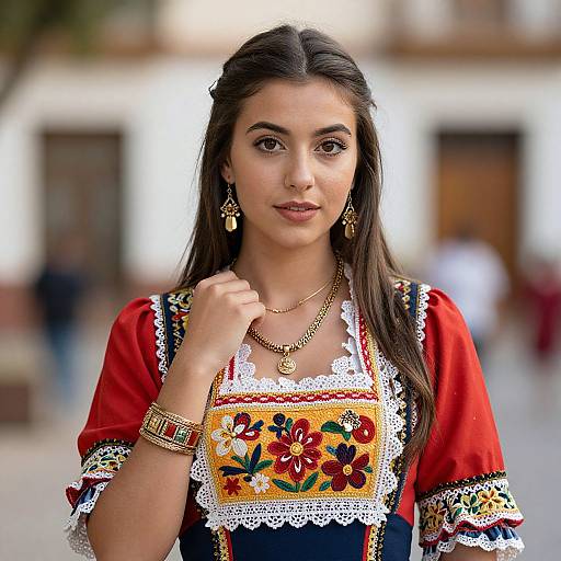 Photograph of a young woman with long dark hair, wearing a red and blue traditional embroidered dress, gold jewelry, and lace trim, standing in a